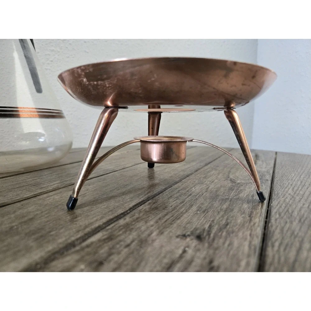 Vintage Inland Glass Copper Rose Gold Accent Coffee Carafe W/Stand MCM Retro